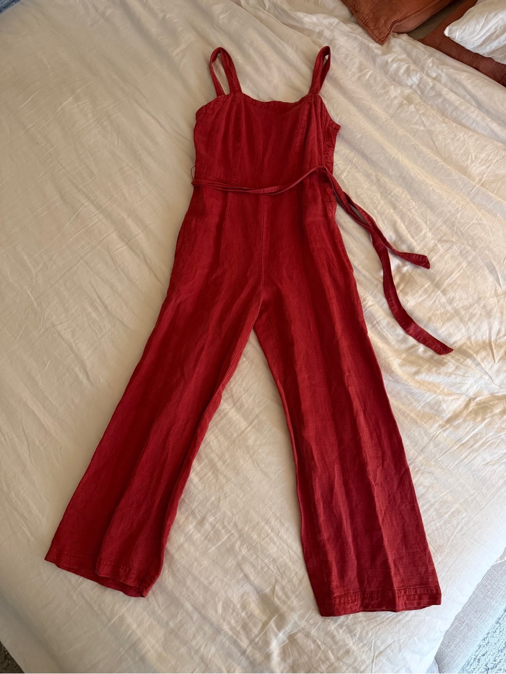 C&C California Crimson Red Linen-Blend Wide-Leg Jumpsuit with Tie Waist